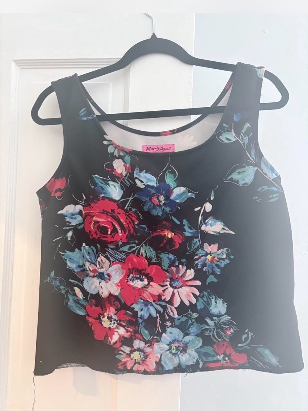Betsy Johnson Floral Scoop Neck Tank Top - Black with Pink & Blue Flowers